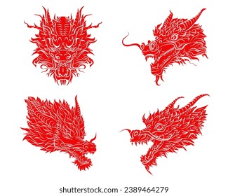 Conjunto de sólidos rojos tradicionales de dragón chino o japonés con estilo dibujado a mano aislado en fondo blanco. Matiología animal asiático o monstruo, diablo. Dragón oriental de tinta para camiseta o tatuaje 