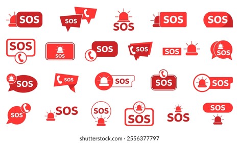 Set of red sos label or banner on a white background