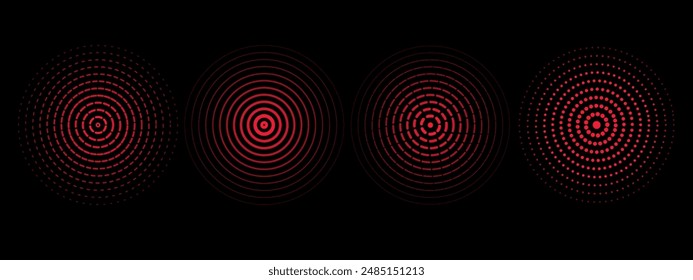 Set of red sound wave rings of discontinuous lines and dots.  Rings with radial lines. Target icon, epicenter.  Concentric vortex circles. Vector illustration on black background