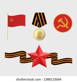 Set of red soviet stars and George ribbons in flat style on may 9th. Victory Day, may 9, ussr flag, medal 