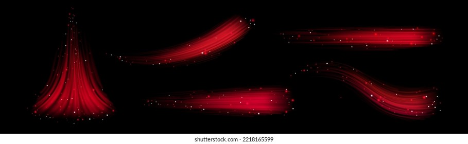 Set Of Red Sparkling Flows Isolated On Black Background. Realistic Vector Illustration Of Abstract Scarlett Waves With Glitter. Warm Air Movement. Festive Party Mood Concept. Magic Power Speed Effect