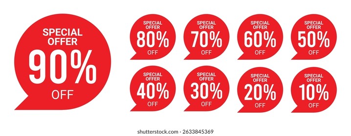 Conjunto de emblemas vermelhos de desconto de oferta especial de 10% a 90% de desconto em formas de balão de fala, usado para vendas e marketing promocional	
