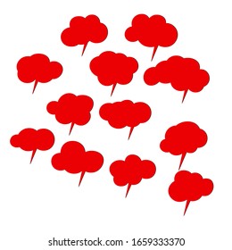 Set of red speech bubbles. Cartoon Vector illustration. Isolated on transparent white background. Hand draw style, dialog clouds. 