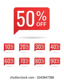 Set of red speech bubbles with percentage discounts for sale. 10, 20, 30, 40, 50, 60, 70, 80, 90. Red tag, coupon, label, price tag, sticker or banner. Vector illustration isolated on white background