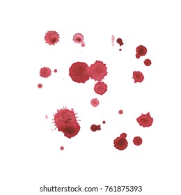 Set of red splash on white background. Grunge ink blots and drops. Vector illustration
