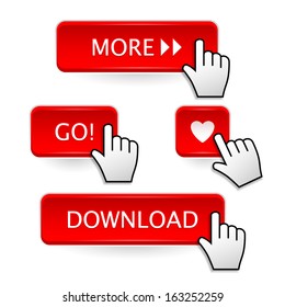 Set of red square buttons with hand cursors - More, Go, Download & Heart buttons.