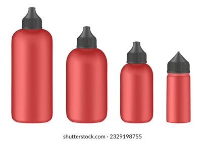 Eine Reihe roter Flaschen zum Pressen. Farbige Haarfärbemittel, oxidative Creme. E-Saft-Verdampfer Flüssigkeit. Gründungscontainer