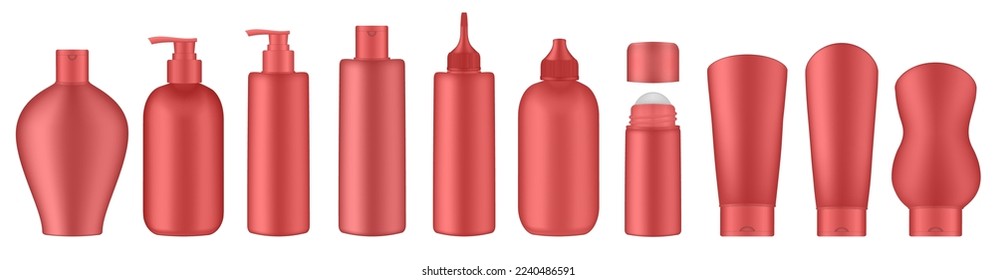 Conjunto de botellas rojas y tubos cosméticos. Empaque coreano. Loción o gel de ducha. Rollo de desodorante antiperspirante corporal