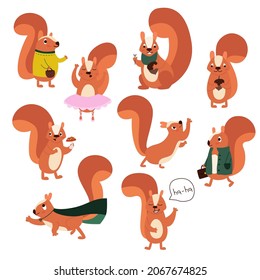 Set of red squirrels in different poses. Vector flat illustration.