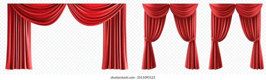 Um conjunto de cortinas de palco vermelhas exibidas em três estilos drapeados diferentes, mostrando variações em seu arranjo e tie-backs. Cortinas de palco vermelho em vários estilos drapeado ilustração vetorial