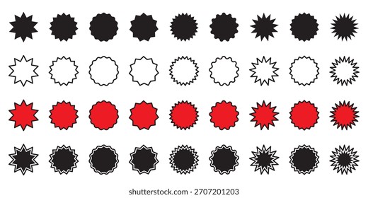 Set of red star burst labels isolated on transparent background. Circle sticker set. Wavy edge promo red, black, white badges. Star burst shape tags for price. Blank sale stickers. 