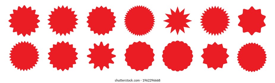 Set red star burst in retro style on white background. Starburst speech bubble round badge. Stars for sale stickers or label. Vector illustration.