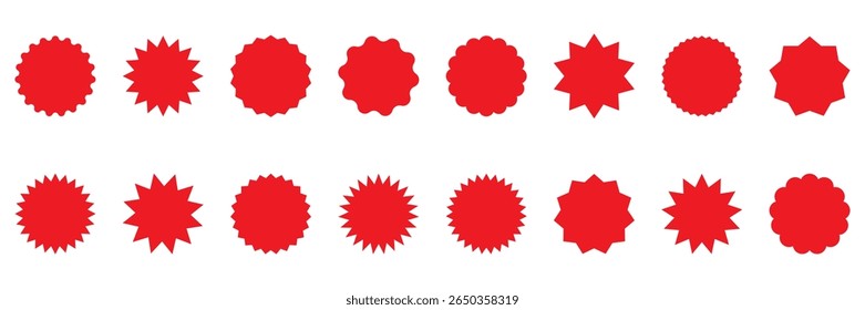 Set of red star burst shape tags for price. Circle sticker set. Wavy edge promo black badges.  Blank sale stickers. Simple silhouette. Flat vintage labels isolated on transparent background.