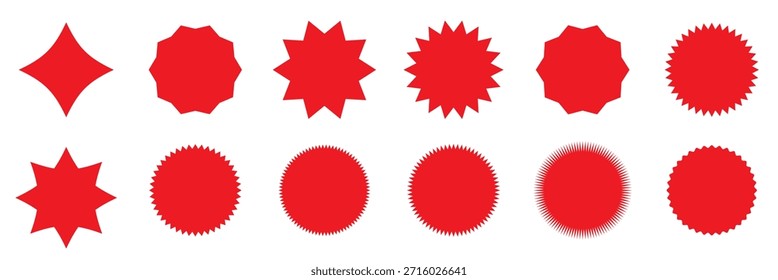 Conjunto de etiquetas de forma de ráfaga de estrella roja para el Precio. Conjunto de pegatinas de círculo. Insignias negras de promoción de borde ondulado. Pegatinas de venta en blanco. Silueta simple. Etiquetas vintage planas aisladas sobre fondo transparente