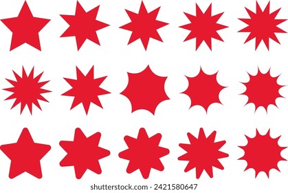 Set of red star shaped stickers, sale or discount price tag, retro sunburst badges, promotional badge set, quality mark, shopping labels collection