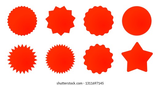 Set of red star or sun shaped sale stickers. Promotional sticky notes and labels.