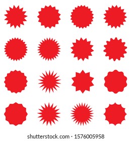 Set of red star or sun shaped sale stickers. Promotional sticky notes and labels.