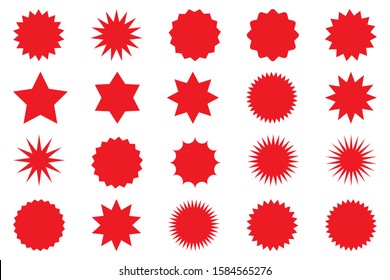 Set of red star or sun shaped sale stickers. Promotional sticky notes and labels.