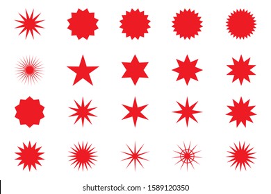 Set of red star or sun shaped sale stickers. Promotional sticky notes and labels.