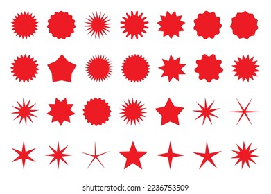 Set of red star or sun shaped sale stickers. Promotional sticky notes and labels.