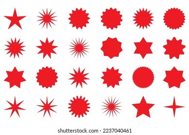 Set of red star or sun shaped sale stickers. Promotional sticky notes and labels.