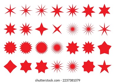 Set of red star or sun shaped sale stickers. Promotional sticky notes and labels.