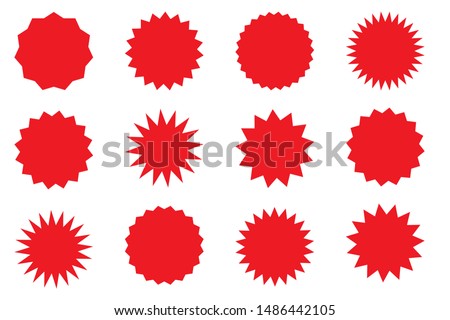 Set of red star or sun shaped sale stickers. Promotional sticky notes and labels.