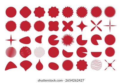 Conjunto de estrelas vermelhas. Pacote vetorial de forma abstrata vermelha com emblema exclusivo e ícones decorativos. Conjunto de adesivo vermelho starburst. coleção de oferta especial venda redondo e oval rótulos e botões sunburst