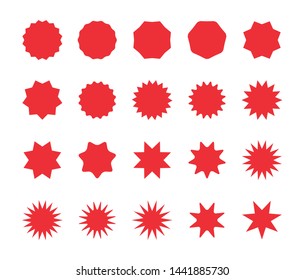 Set of red starburst badges. Blank discount offer price stickers, offer sale tag. Sunburst price labels isolated on a white background