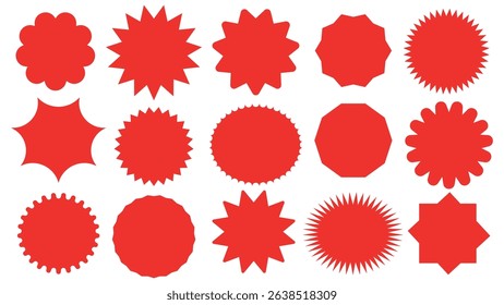 Set of red starburst icon, empty stickers burst star, badge star, sale price tag, red round discount icon, wavy edge promo red badges, sunburst promotion tag, wavy edge circle sticker for price