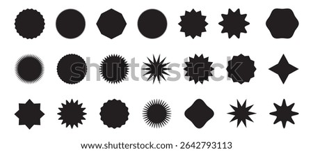 Set of red starburst, starburst labels. Black icons on white background. Starburst red sticker set - collection of special offer sale oval and round shaped sunburst labels and badges.