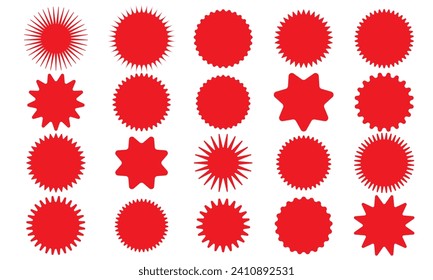 Set of red starburst. Price sticker, sale sticker, price tag, starburst, quality mark, retro stars, sale or discount sticker, sunburst badges, sun ray frames, promotional badge set, shopping labels