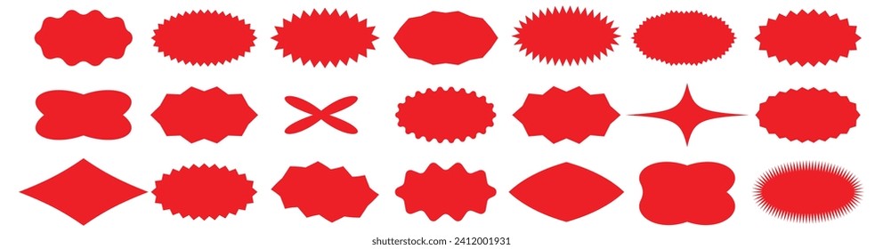 Set of red starburst. Price sticker, sale sticker, price tag, starburst, quality mark, retro stars, sale or discount sticker, sunburst badges, sun ray frames, promotional badge set, shopping labels
