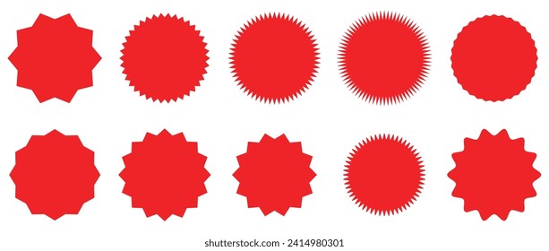 Set of red starburst. Price sticker, sale sticker, price tag, starburst, quality mark, retro stars, sale or discount sticker, sunburst badges, sun ray frames, promotional badge set, shopping labels 