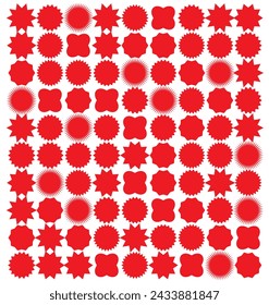 : Set of red starburst. Price sticker, sale sticker, price tag, starburst, quality mark, retro stars, sale or discount sticker, sunburst badges, sun ray frames, promotional badge set, shopping labels 