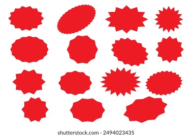 Set of red starburst. Price sticker, sale sticker, price tag, starburst, quality mark, retro stars, sale or discount sticker, sunburst badges, sun ray frames, promotional badge set, shopping labels 12