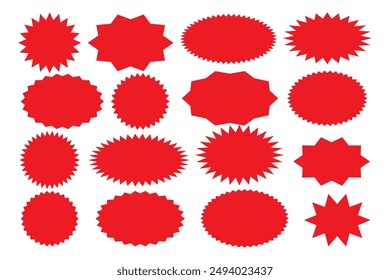 Set of red starburst. Price sticker, sale sticker, price tag, starburst, quality mark, retro stars, sale or discount sticker, sunburst badges, sun ray frames, promotional badge set, shopping labels 12