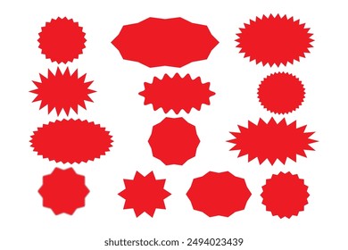 Set of red starburst. Price sticker, sale sticker, price tag, starburst, quality mark, retro stars, sale or discount sticker, sunburst badges, sun ray frames, promotional badge set, shopping labels 12