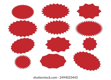 Set of red starburst. Price sticker, sale sticker, price tag, starburst, quality mark, retro stars, sale or discount sticker, sunburst badges, sun ray frames, promotional badge set, shopping labels 12