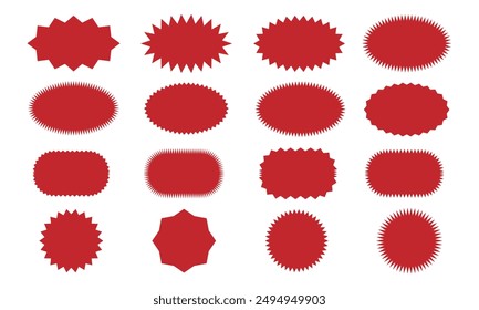 Set of red starburst. Price sticker, sale sticker, price tag, starburst, quality mark, retro stars, sale or discount sticker, sunburst badges, sun ray frames, promotional badge set, shopping labels