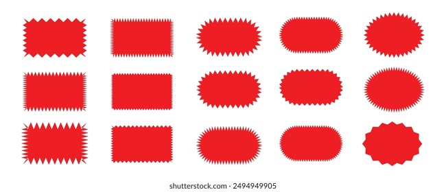 Set of red starburst. Price sticker, sale sticker, price tag, starburst, quality mark, retro stars, sale or discount sticker, sunburst badges, sun ray frames, promotional badge set, shopping labels