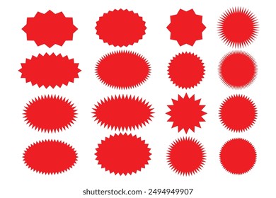 Set of red starburst. Price sticker, sale sticker, price tag, starburst, quality mark, retro stars, sale or discount sticker, sunburst badges, sun ray frames, promotional badge set, shopping labels