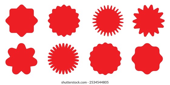 Set of red starburst. Price sticker, sale sticker, price tag, sunburst, quality mark, retro stars, sale or discount sticker, sunburst badges, sun ray frames, shopping labels.