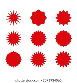 Set of red starburst. Price sticker, sale sticker, price tag, starburst, quality mark, retro stars, sale or discount sticker, sunburst badges, sun ray frames, promotional badge set, shopping labels	