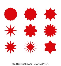 Set of red starburst. Price sticker, sale sticker, price tag, starburst, quality mark, retro stars, sale or discount sticker, sunburst badges, sun ray frames, promotional badge set, shopping labels	