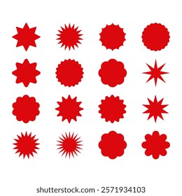 Set of red starburst. Price sticker, sale sticker, price tag, starburst, quality mark, retro stars, sale or discount sticker, sunburst badges, sun ray frames, promotional badge set, shopping labels	