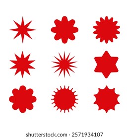 Set of red starburst. Price sticker, sale sticker, price tag, starburst, quality mark, retro stars, sale or discount sticker, sunburst badges, sun ray frames, promotional badge set, shopping labels	