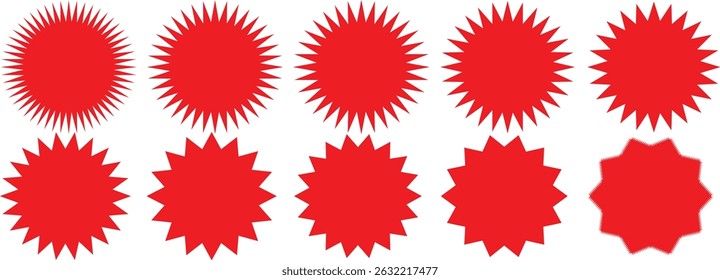 Set of red starburst. Price sticker, sale sticker, price tag, starburst, quality mark, retro stars, sale. Circle sticker set. Wavy edge promo red badges. Set of red starburst. Price sticker, sale stic
