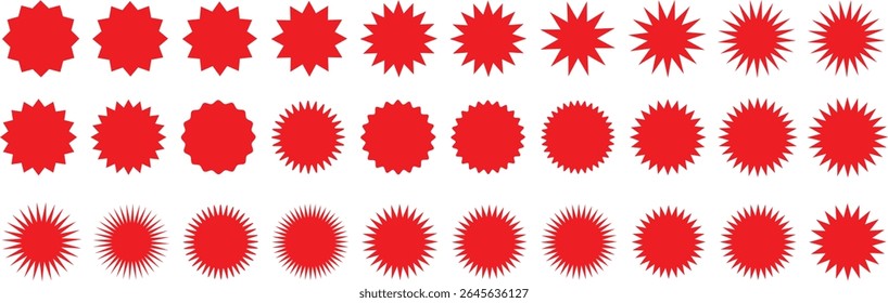 Set of red starburst. Price sticker, sale sticker, price tag, starburst, quality mark, retro stars, sale.and badges. Red starburst, sunburst, stamp, seal, label or burst, badge, sticker.Star burst sha
