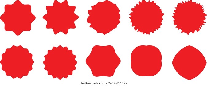 Set of red starburst. Price sticker, sale sticker, price tag, starburst, quality mark, retro stars, sale.and badges. Red starburst, sunburst, stamp, seal, label or burst, badge, sticker.Star burst sha